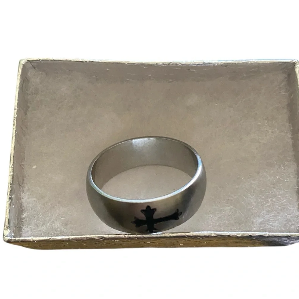 Stainless Steel Cross Ring band polished finish Black Cross Gothic Rock Biker